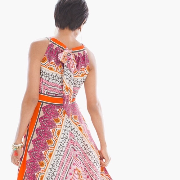 Chico's Women Boho Pink Orange Scarf Print Long Flowy Maxi Dress Sz 0 - Picture 5 of 13